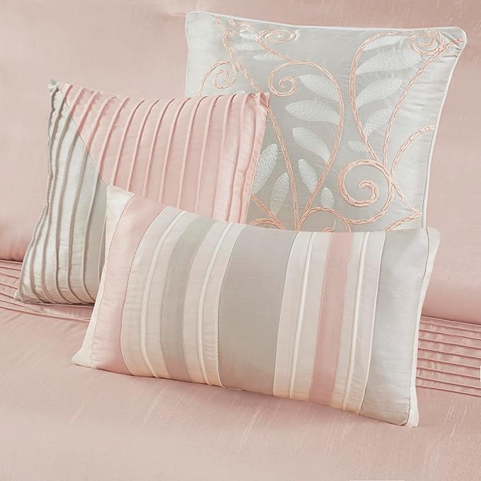 Madison Park Amherst Faux Silk Comforter Set-Casual Contemporary Design All Season Down Alternative Bedding, Matching Shams, Bedskirt, Decorative Pillows, Queen (90 in x 90 in), Blush/Taupe 7 Piece - LeafyLoom
