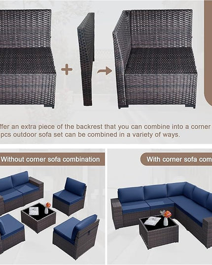 Patio Furniture Set Sofa 6pcs Wicker Sectional Sofa Set, Outdoor Furniture Rattan Patio Conversation Set with Thickened Cushions and Glass Coffee Table, Dark Blue - LeafyLoom