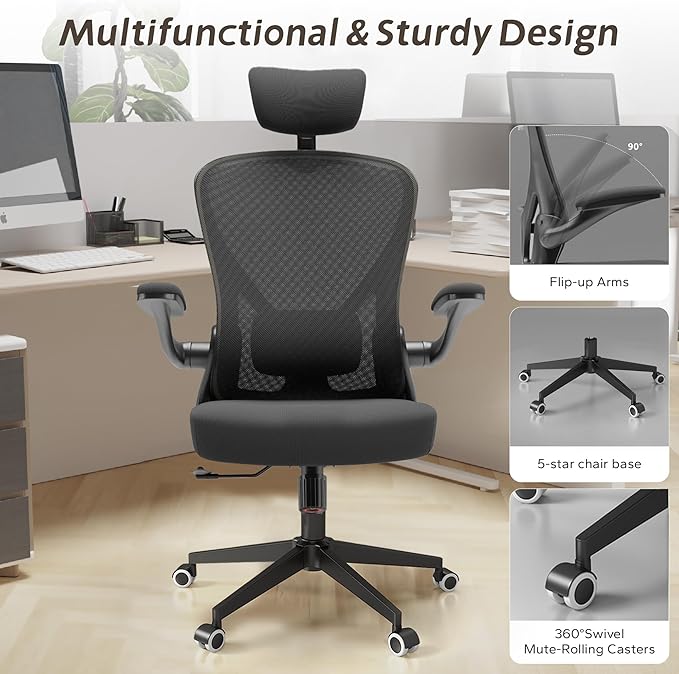 Ergonomic Desk Chair with 300LBS Capacity,Adjustable Headrest,Lumbar Support,and Breathable Mesh Back - Perfect for Home Office,Study,and Gaming (Black) - LeafyLoom
