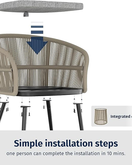 EAST OAK 3-Piece Patio Bistro Set, Patio Conversation Bistro Set with 2 Wide Ergonomic Chairs, Cushions & Glass Top Side Table, Outdoor All-Weather Wicker Furniture for Porch, Backyard, Brown & Grey - LeafyLoom