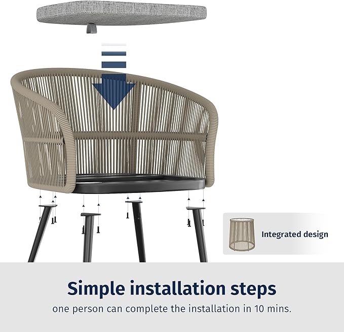 EAST OAK 3-Piece Patio Bistro Set, Patio Conversation Bistro Set with 2 Wide Ergonomic Chairs, Cushions & Glass Top Side Table, Outdoor All-Weather Wicker Furniture for Porch, Backyard, Brown & Grey - LeafyLoom