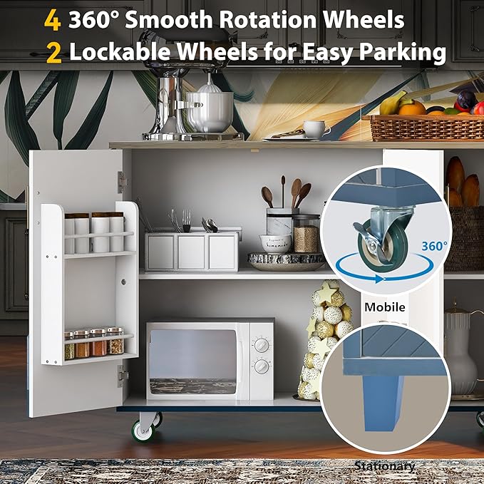 Retro Mountain Wood 47" D Rolling Island with Drop Leaf, Farmhouse Cart on Wheels with Internal Storage Towel Rack for Kitchen, Dining Room, Navy Blue, 51.57 Inch - LeafyLoom