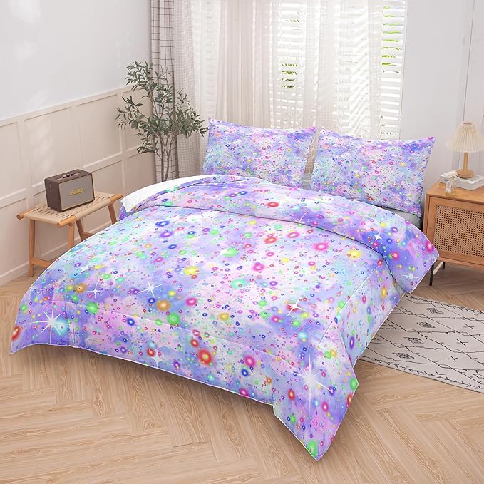 Girls Queen Comforter Set, Purple Blue Tie Dye Comforter, Colorful Glitter Comforter Set, Girls Bedding Sets for Kids Teens (3 Pieces, 1 Comforter + 2 Pillowcases) - LeafyLoom