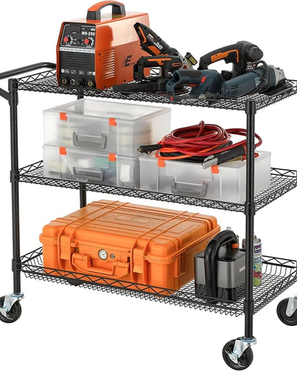Finnhomy 3 Tier Heavy Duty Commercial Grade Utility Cart, Wire Rolling Cart with Handle Bar, Steel Service Cart with Wheels, Kitchen Carts on Wheels, Metal Cart Shelf Size 18" D x 36" W, NSF, Black - LeafyLoom