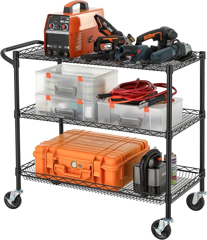 Finnhomy 3 Tier Heavy Duty Commercial Grade Utility Cart, Wire Rolling Cart with Handle Bar, Steel Service Cart with Wheels, Kitchen Carts on Wheels, Metal Cart Shelf Size 18" D x 36" W, NSF, Black - LeafyLoom