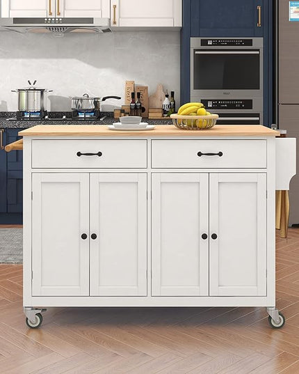 Solid Wood Top, Mobile Carts with Storage Cabinet, Rolling Kitchen Table w/Spice, Towel Rack, and Drawer, Portable Islands on Wheels, White, 54.33 Inch - LeafyLoom