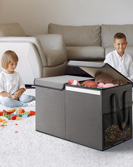 Large Toy Box for Boys Girls Toy Chest Kids Toy Storage Organizer Collapsible Toy Storage Bin Basket with Two Mesh Pockets for Nursery Playroom Bedroom Living Room Organization - LeafyLoom
