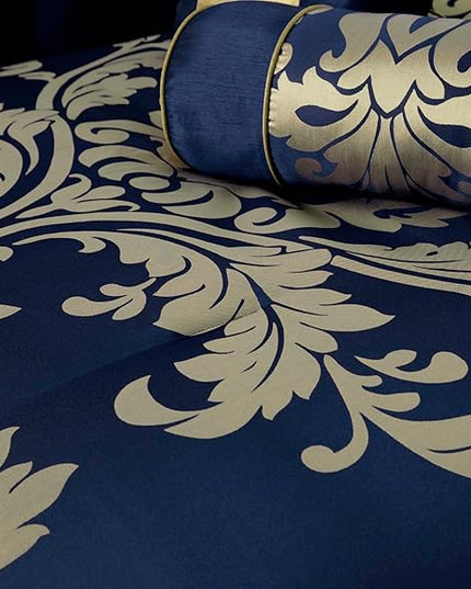 Chezmoi Collection Royale 7-Piece Jacquard Floral Comforter Set, Oversized King, Navy/Gold - LeafyLoom