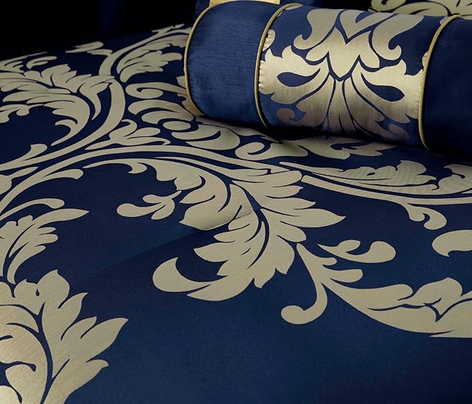 Chezmoi Collection Royale 7-Piece Jacquard Floral Comforter Set, Oversized King, Navy/Gold - LeafyLoom