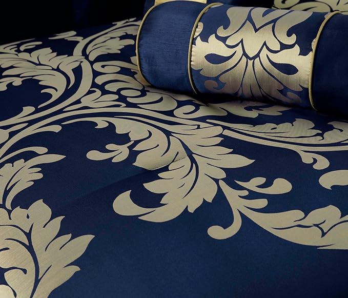 Chezmoi Collection 7-Piece Jacquard Floral Comforter Set (California King, Navy/Gold) - LeafyLoom