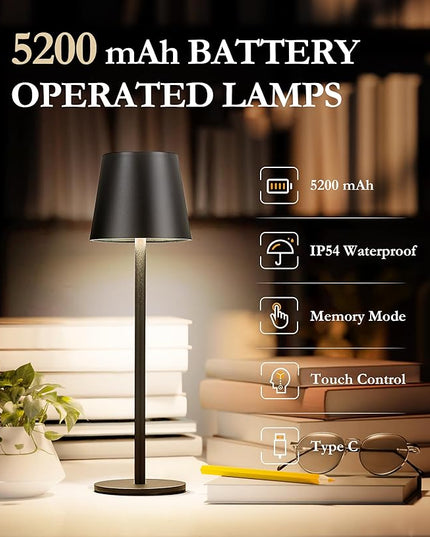 2Pack Cordless Table Lamp, 5200mAh IP54 Waterproof Rechargeable Battery Desk Lamp, 3 Color Stepless Dimming Up, Battery Operated Lamp for Kitchen/Bedside/Outdoor/Restaurant/Camping (Black) - LeafyLoom