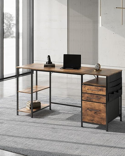 Desks with Drawers and Shelves, 59 inch Large Computer Desk. Long Desk Vintage Desk with Storage Bag, Big Office Desk with Adjustable Shelves, Home Office Desk with Metal Frame, Rustic Brown2 - LeafyLoom