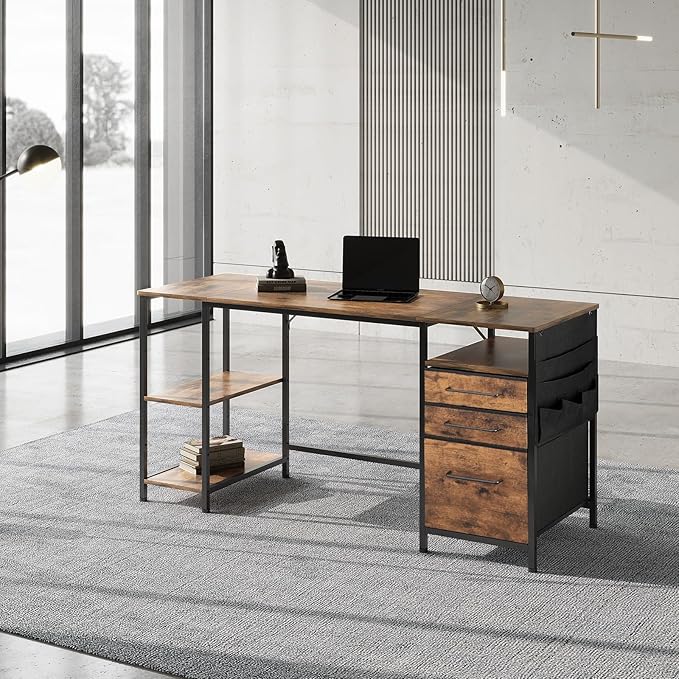 Desks with Drawers and Shelves, 59 inch Large Computer Desk. Long Desk Vintage Desk with Storage Bag, Big Office Desk with Adjustable Shelves, Home Office Desk with Metal Frame, Rustic Brown2 - LeafyLoom