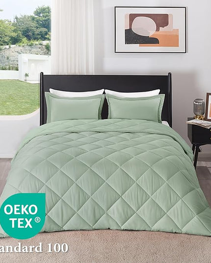 downluxe Queen Comforter Set - Sage Green Comforter Set Queen, 3 Pieces Solid Comforter Set Queen Size for All Seasons, 1 Lightweight Fluffy Comforter (88"x92") and 2 Pillow Shams - LeafyLoom