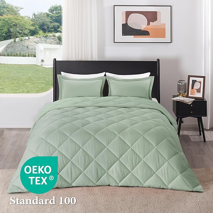 downluxe Queen Comforter Set - Sage Green Comforter Set Queen, 3 Pieces Solid Comforter Set Queen Size for All Seasons, 1 Lightweight Fluffy Comforter (88"x92") and 2 Pillow Shams - LeafyLoom