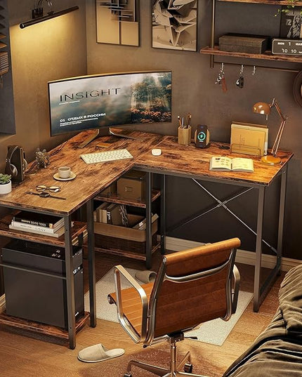 Bestier L Shaped Computer Desk, Reversible Corner Office Desk with Shelves, 75 Inch 2 Person Long Desk, Writing Study Table for Home Office Bedroom Small Space Apartment (Rustic Brown) - LeafyLoom