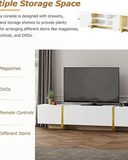 Merax Luxury Fluted TV Stand for Televisions Up to 80'', Modern Entertainment Center with Storage Cabinets & Drawers and Golden Wood Grain Legs, Smooth Media Console, for Living Room, White - LeafyLoom