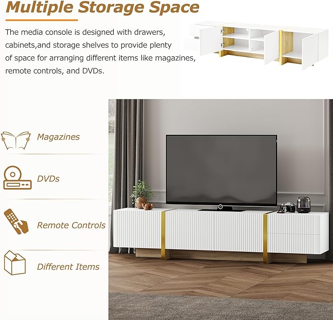 Merax Luxury Fluted TV Stand for Televisions Up to 80'', Modern Entertainment Center with Storage Cabinets & Drawers and Golden Wood Grain Legs, Smooth Media Console, for Living Room, White - LeafyLoom