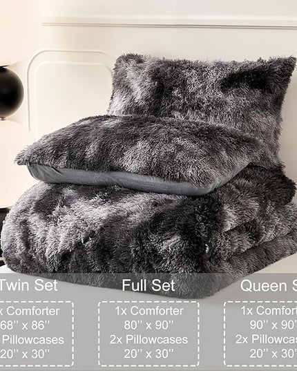 WINLIFE Shaggy Comforter Set Twin Grey for Boys Teens Faux Fur Bedding Sets Flannel Furry Comforter Plush Comforter Sets Gradient Ombre Tie Dye Bed Sets (3Pcs, Twin, Dark Grey) - LeafyLoom