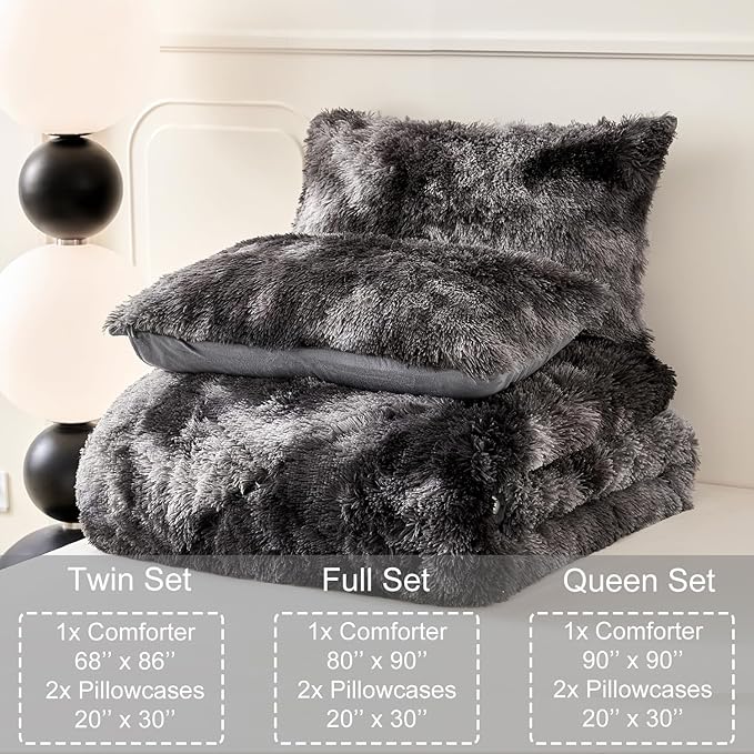 WINLIFE Shaggy Comforter Set Twin Grey for Boys Teens Faux Fur Bedding Sets Flannel Furry Comforter Plush Comforter Sets Gradient Ombre Tie Dye Bed Sets (3Pcs, Twin, Dark Grey) - LeafyLoom