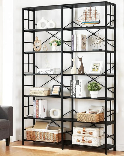 HOMISSUE Tall Bookshelf, 84" Bookshelves and Bookcases Double Wide 7-Tier Bookshelf, Tall Bookcase Wood Style and Metal Open Display Shelves for Living Room Home Office - LeafyLoom