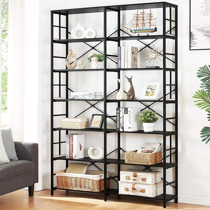 HOMISSUE Tall Bookshelf, 84" Bookshelves and Bookcases Double Wide 7-Tier Bookshelf, Tall Bookcase Wood Style and Metal Open Display Shelves for Living Room Home Office - LeafyLoom