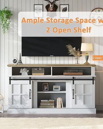 TV Stand with 2 Sliding Barn Doors, 58 Inch TV Stand with Storage Cabinet and Shelves, Television Stands with Storage for Living Room, Bedroom, White - LeafyLoom