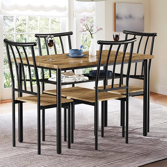 Dining Room Table Set for 4, 46.8" Kitchen Table and Chairs for 4 with Storage Rack, Rustic Kitchen Table Set Metal and Wood Rectangular Dining Table for Breakfast Nook, Kitchen, Living Room - LeafyLoom