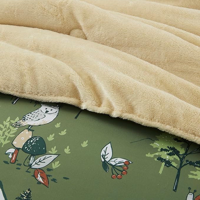 Mi Zone Kids Twin Comforter Set, Reversible Plush Kids Comforter Set, Cozy Plush Reverse Bedding, Winter Fluffy Comforter Bed Set, 1 Sham, Enchanting Forest Animals, Heath, Twin, Sage Green 2 Piece - LeafyLoom