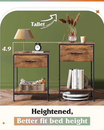 WLIVE Nightstand, Bedside Side Table for Bedroom, Dorm with Steel Frame, Night Stand End Table with Fabric Storage Drawer, Easy Assembly, Rustic Brown Wood Grain Print, 11.8''D 15.8''W 24.9" H - LeafyLoom