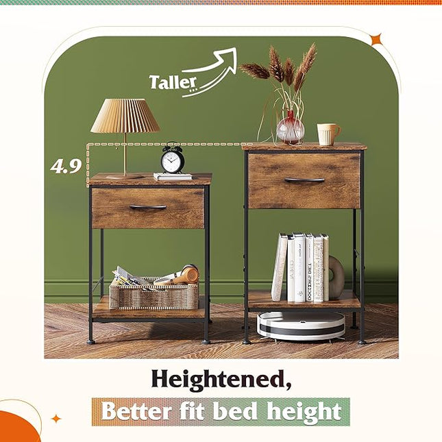 WLIVE Nightstand Set of 2, End Table with Fabric Storage Drawer and Open Wood Shelf, Bedside Furniture with Steel Frame, Side Table for Bedroom, Dorm, Rustic Brown Wood Grain Print, 24.9" Height - LeafyLoom