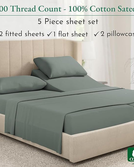 California Design Den Split King Sheet Set - 100% Cotton, 600 Thread Count, Breathable Luxury King Size Sheets for Adjustable Bed, Luxury Hotel-Quality Sheets with Soft Sateen Weave - Sage Green - LeafyLoom