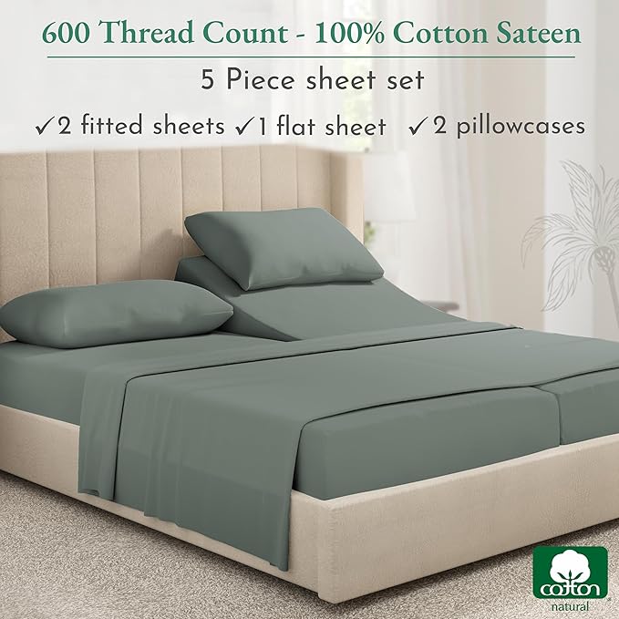 California Design Den Split King Sheet Set - 100% Cotton, 600 Thread Count, Breathable Luxury King Size Sheets for Adjustable Bed, Luxury Hotel-Quality Sheets with Soft Sateen Weave - Sage Green - LeafyLoom