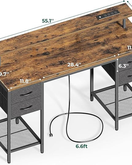 55 inch Computer Desk with 4 Drawers, Gaming Desk with LED Lights & Power Outlets, Home Office Desk with Large Storage Space for Bedroom, Work from Home, Rustic Brown - LeafyLoom