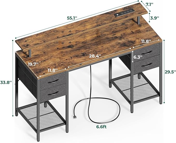 55 inch Computer Desk with 4 Drawers, Gaming Desk with LED Lights & Power Outlets, Home Office Desk with Large Storage Space for Bedroom, Work from Home, Rustic Brown - LeafyLoom