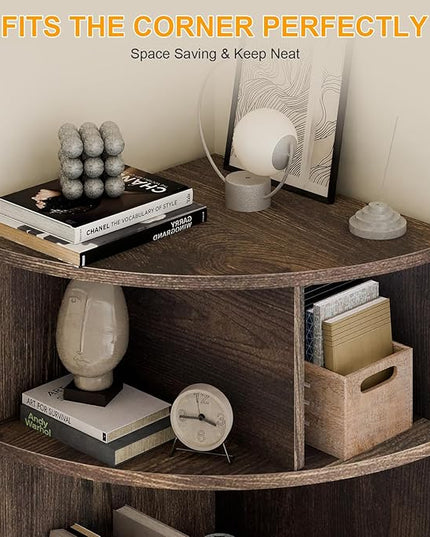 6 Tier Corner Shelf with Drawer, Corner Bookshelf and Corner Bookcase Corner Display Storage Cabinet Stand for Living Room, Bedroom, Office, Small Space, Black Walnut - LeafyLoom