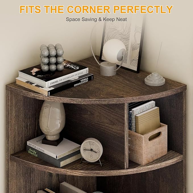 6 Tier Corner Shelf with Drawer, Corner Bookshelf and Corner Bookcase Corner Display Storage Cabinet Stand for Living Room, Bedroom, Office, Small Space, Black Walnut - LeafyLoom