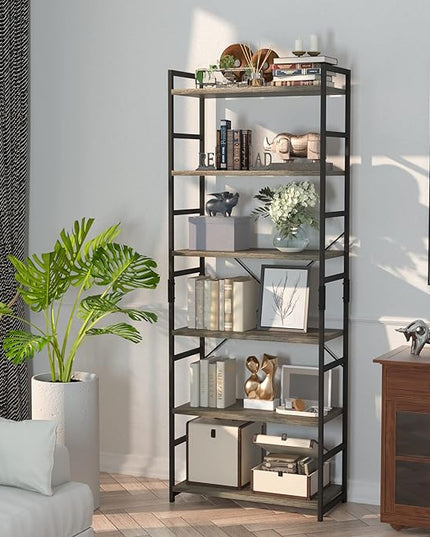 NUMENN 6 Tier Bookshelf, Tall Bookcase Shelf Storage Organizer, Modern Book Shelf for Bedroom, Living Room and Home Office, Grey - LeafyLoom