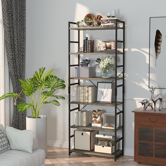 NUMENN 6 Tier Bookshelf, Tall Bookcase Shelf Storage Organizer, Modern Book Shelf for Bedroom, Living Room and Home Office, Grey - LeafyLoom