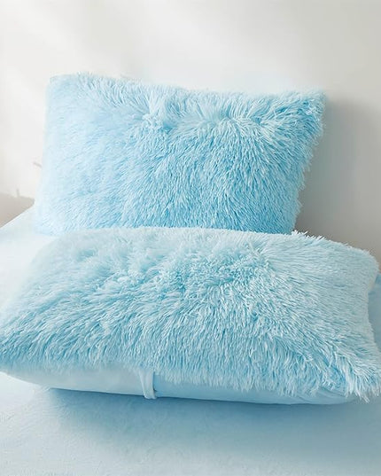 Fluffy Blue Comforter Cover Set Queen - Ultra Soft Plush Blue Bedding Sets 3 Pieces (1 Faux Fur Duvet Cover + 2 Faux Fur Pillow case) Blue Bed Set Queen (Blue, Queen) - LeafyLoom