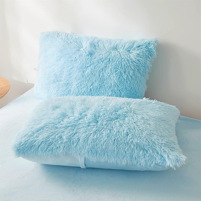 Fluffy Blue Comforter Cover Set Queen - Ultra Soft Plush Blue Bedding Sets 3 Pieces (1 Faux Fur Duvet Cover + 2 Faux Fur Pillow case) Blue Bed Set Queen (Blue, Queen) - LeafyLoom