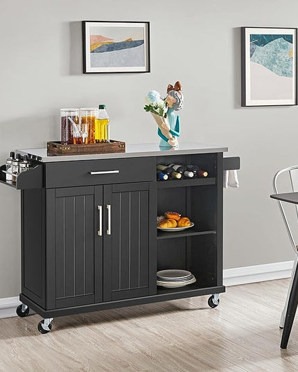 Yaheetech Kitchen Island with Stainless Steel Top and Storage Cabinet, Kitchen Cart on Wheels with Drawer & Open Shelves & Wine Rack & Spice Rack, 18" D x 51" W x 36" H, Black - LeafyLoom