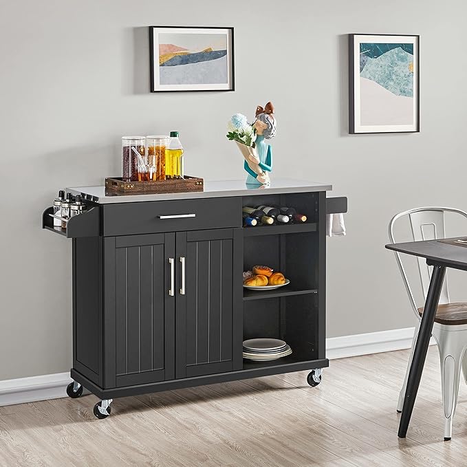 Yaheetech Kitchen Island with Stainless Steel Top and Storage Cabinet, Kitchen Cart on Wheels with Drawer & Open Shelves & Wine Rack & Spice Rack, 18" D x 51" W x 36" H, Black - LeafyLoom