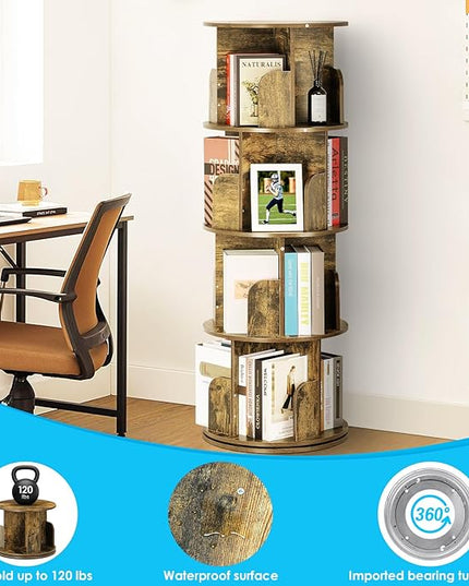 4 Tier Rotating Bookshelf kids, Small Corner Bookshelf for Small Space, 360 Display Floor Standing Bookcase Storage Rack, Wood Narrow Book Shelf Organizer for Home Office,Bedroom, Living Room - LeafyLoom