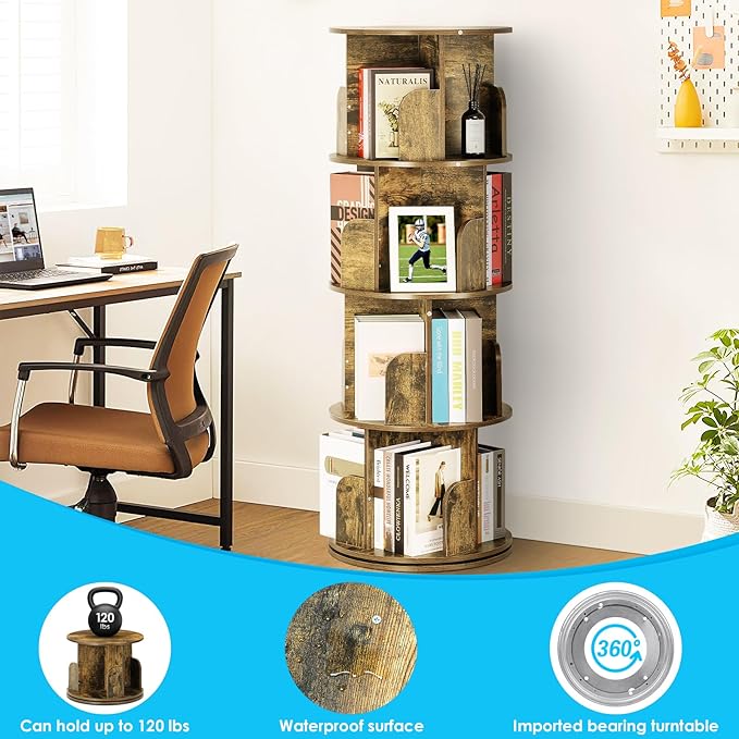 4 Tier Rotating Bookshelf kids, Small Corner Bookshelf for Small Space, 360 Display Floor Standing Bookcase Storage Rack, Wood Narrow Book Shelf Organizer for Home Office,Bedroom, Living Room - LeafyLoom
