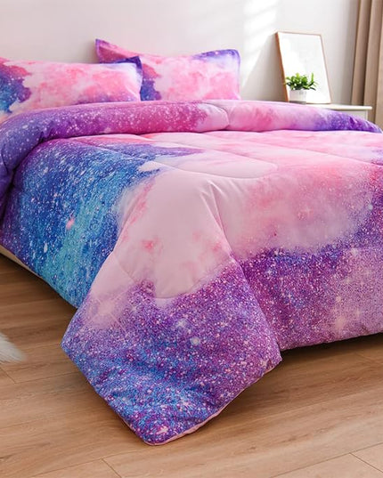 A Nice Night Galaxy Bedding Sets Outer Space Comforter 3D Printed Space Quilt Set King Size Glitter Pink Color,for Children Boy Girl Teen Kids - LeafyLoom