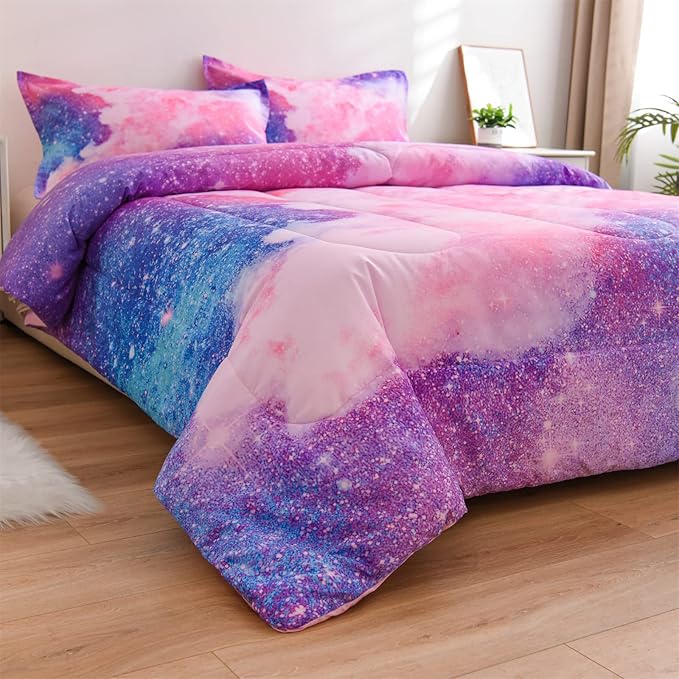 A Nice Night Galaxy Bedding Sets Outer Space Comforter 3D Printed Space Quilt Set Queen Size Glitter Pink Color,for Children Boy Girl Teen Kids - LeafyLoom