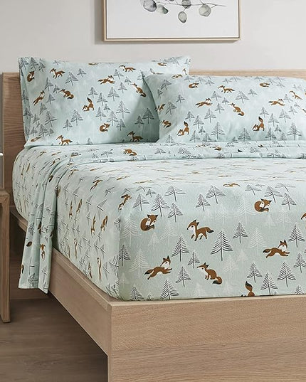 Comfort Spaces Cotton Flannel Breathable Warm, Deep Pocket Sheets with Pillow Case Bedding, Queen, Seafoam Foxes 4 Piece - LeafyLoom