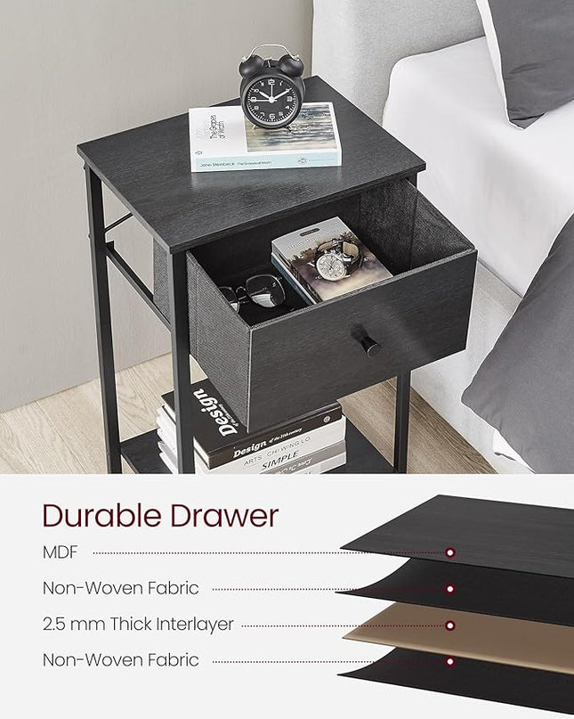 VASAGLE Nightstand, Side Table with Fabric Drawer, 24-Inch Tall End Table with Storage Shelf, Black ULGS021B21 - LeafyLoom