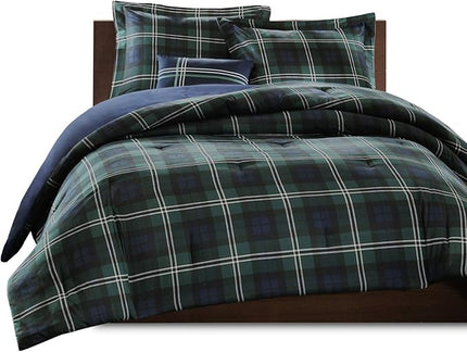 MI ZONE Cozy Comforter Set Cabin Lifestyle Plaid Design All Season Bedding Matching Shams, Decorative Pillow, Twin/Twin XL, Brody Blue 3 Piece, Green/Navy - LeafyLoom